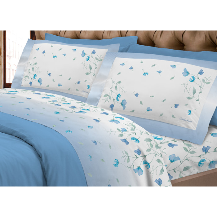 Completo Lenzuola In Calda Flanella Made In Italy Linea Europa Peaflower Azzurro