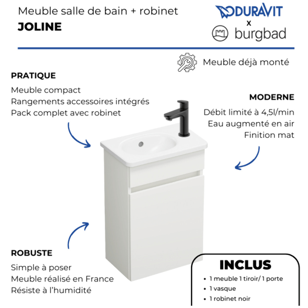 Pack meuble suspendu lave-mains Joline blanc mat + Robinet lave-mains eau froide Duravit Wave noir mat