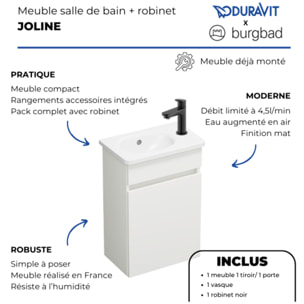 Pack meuble suspendu lave-mains Joline blanc mat + Robinet lave-mains eau froide Duravit Wave noir mat