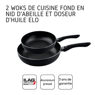 Set de 2 woks de cuisine 20 cm et 28 cm avec fond en nid d'abeille et doseur d'huile Elo Smart Life