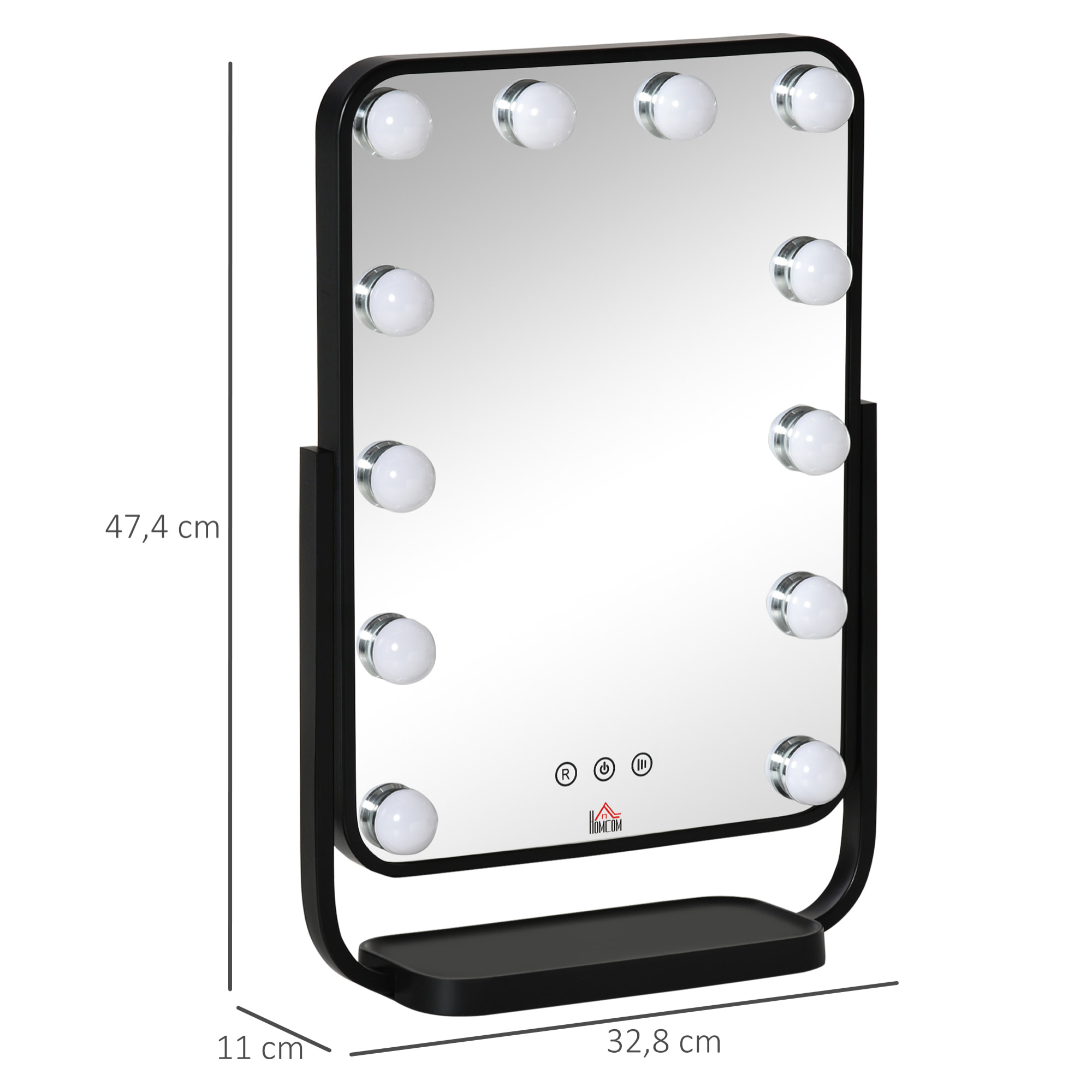 Espejo de Maquillaje con Luz Espejo Hollywood de Mesa con 12 LED 3 Modos y Luz Ajustable Pantalla Táctil y Función de Memoria para Dormitorio Baño 32,8x11x47,4 cm Negro