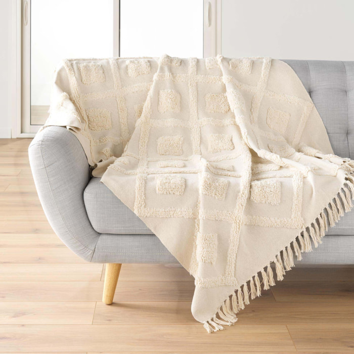Plaid bohème tufté avec franges - Blanc cassé