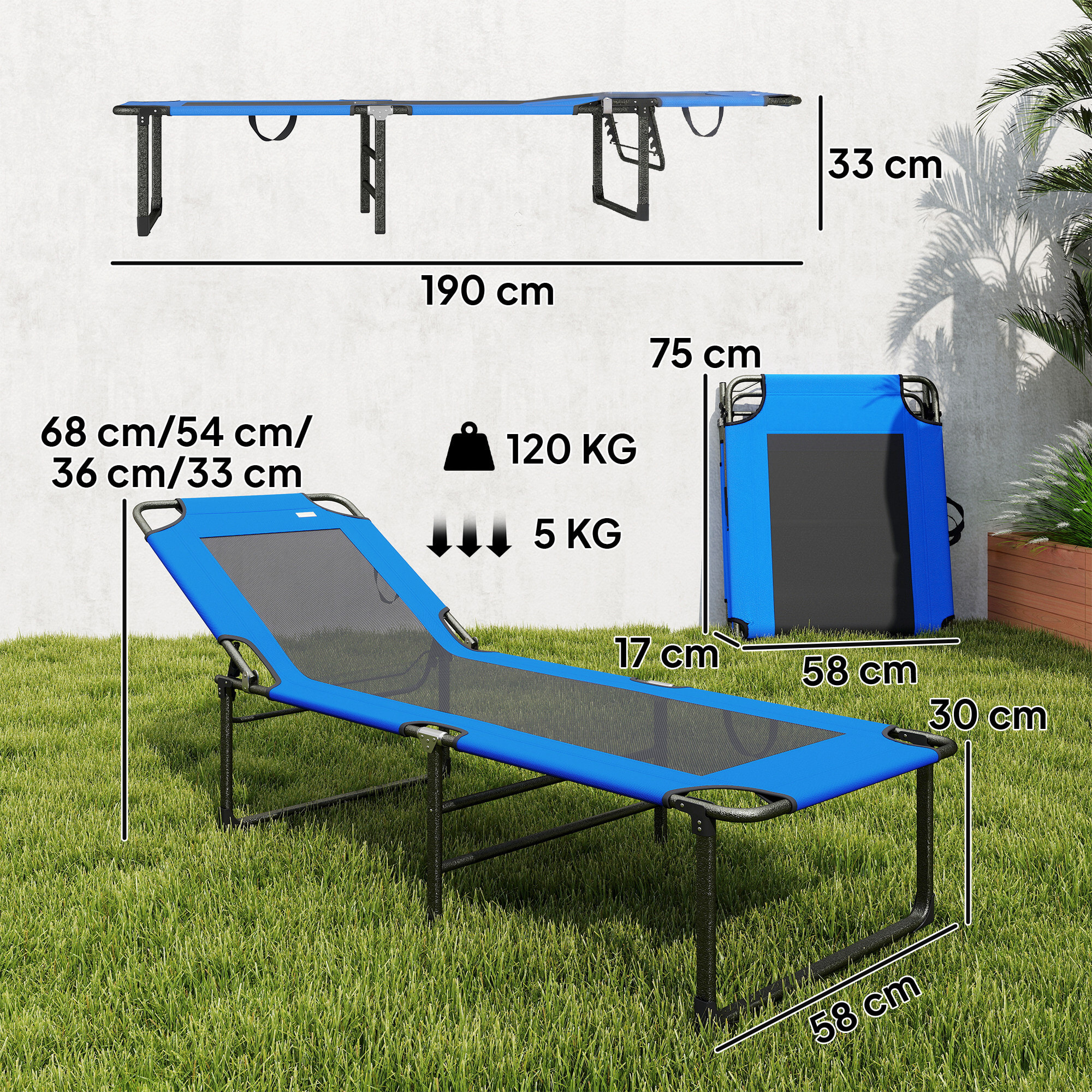 Tumbona Plegable, Tumbona Jardín Exterior con Respaldo Ajustable en 4 Posiciones, Asas de Transporte y Respaldo de Textilene, Carga 120 kg, para Terraza, Piscina, Playa, 175x58x68 cm, Azul