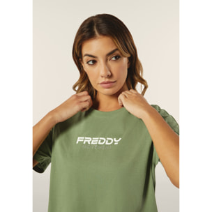 T-shirt donna comfort fit corta con stampa e spacchi