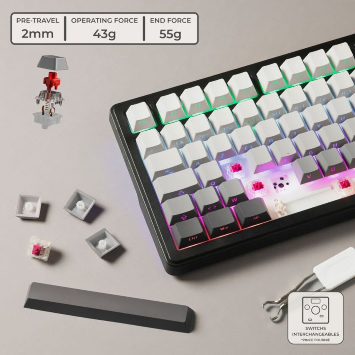 Clavier gamer sans fil THE G-LAB Keyz Elite 300 RGB Triple Mode Gris