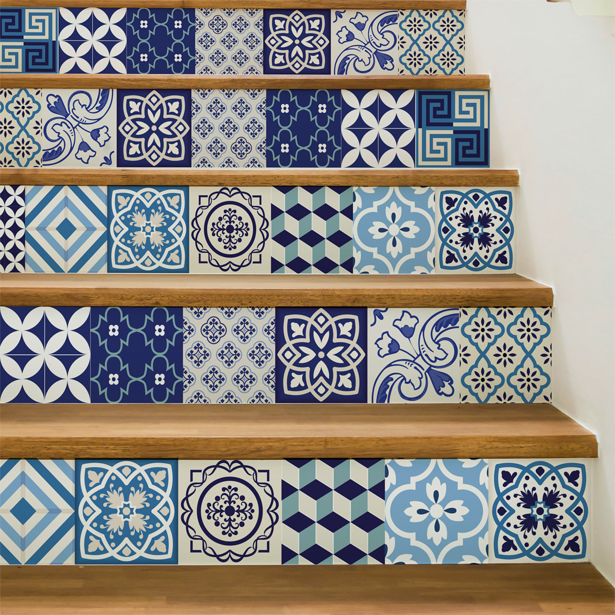 Stickers adhésifs escalier carrelages | Sticker Autocollant contremarche Carreaux de ciment carrelages adhésif - VINTAGE BLEU D'AZURE