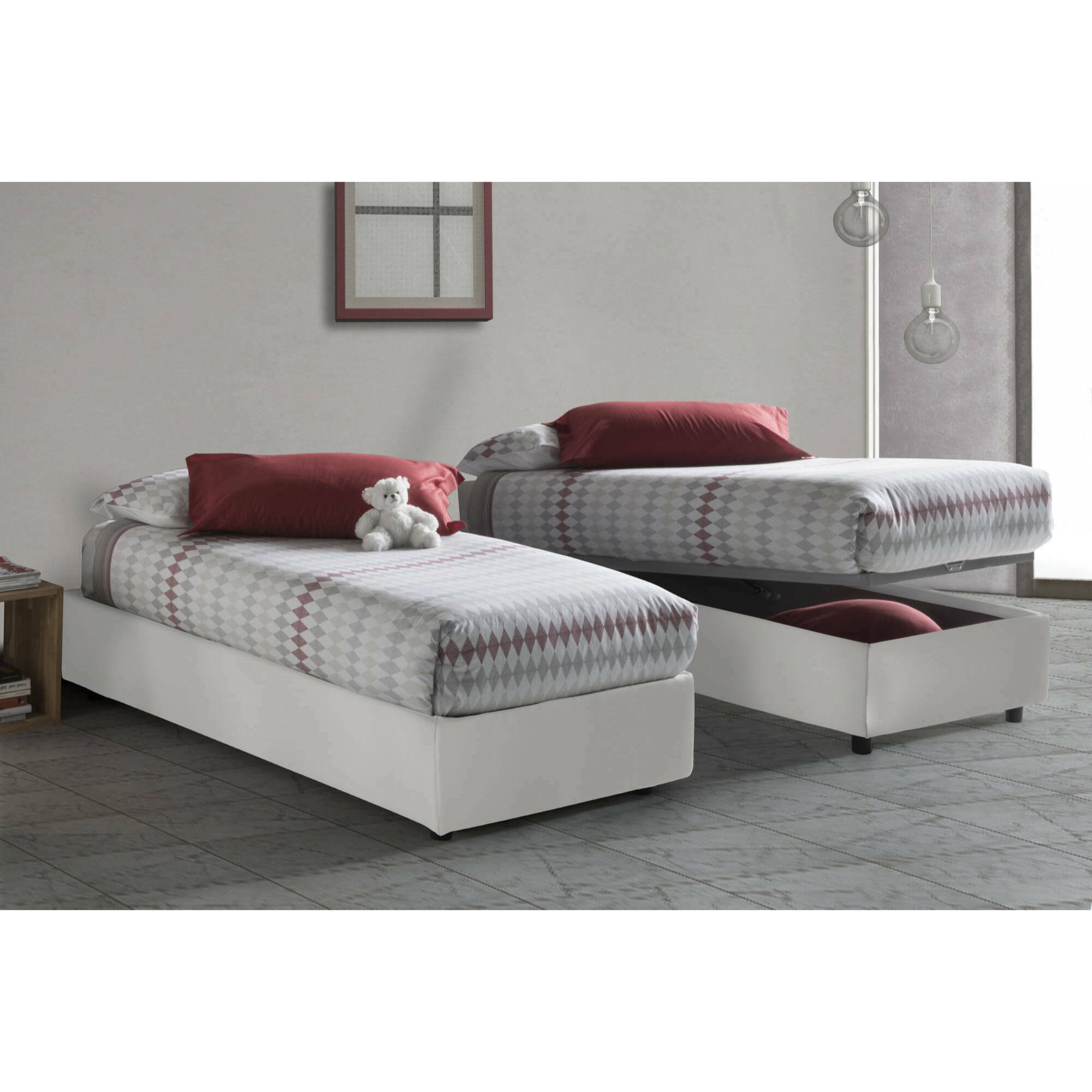 Letto singolo Alarita, Letto contenitore con rivestimento in ecopelle, 100% Made in Italy, Apertura frontale, adatto per materasso Cm 80x190, Bianco