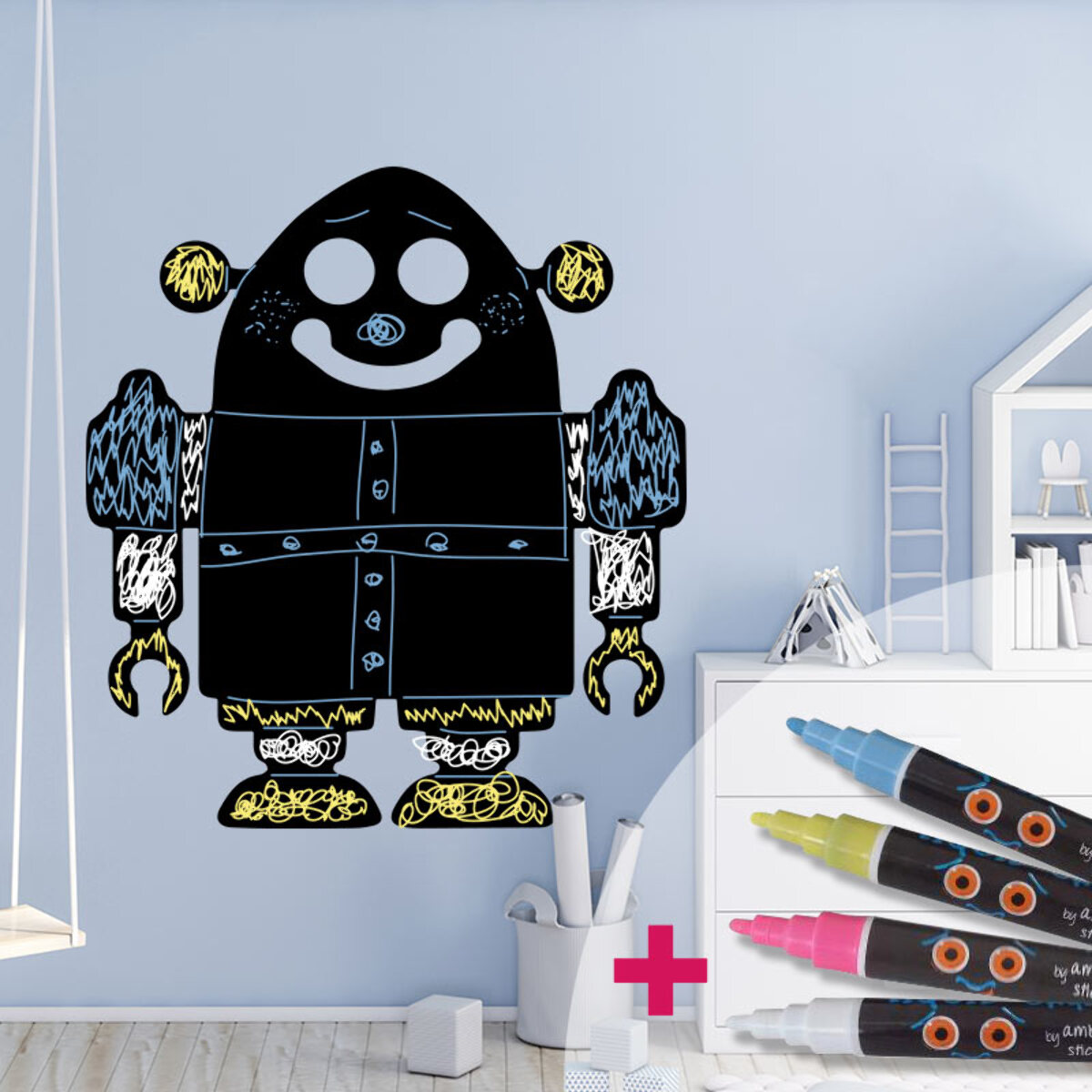 Sticker ardoise tableau noir - stickers muraux adhésif effaçable - ROBOT + 4 CRAIES LIQUIDES