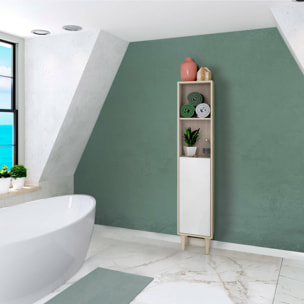 Mobile colonna Lazzarina, Pensile bagno con 1 anta, Armadio alto, 30x25h150 cm, Rovere e Bianco lucido