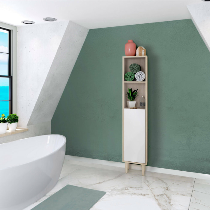 Mobile colonna Lazzarina, Pensile bagno con 1 anta, Armadio alto, 30x25h150 cm, Rovere e Bianco lucido