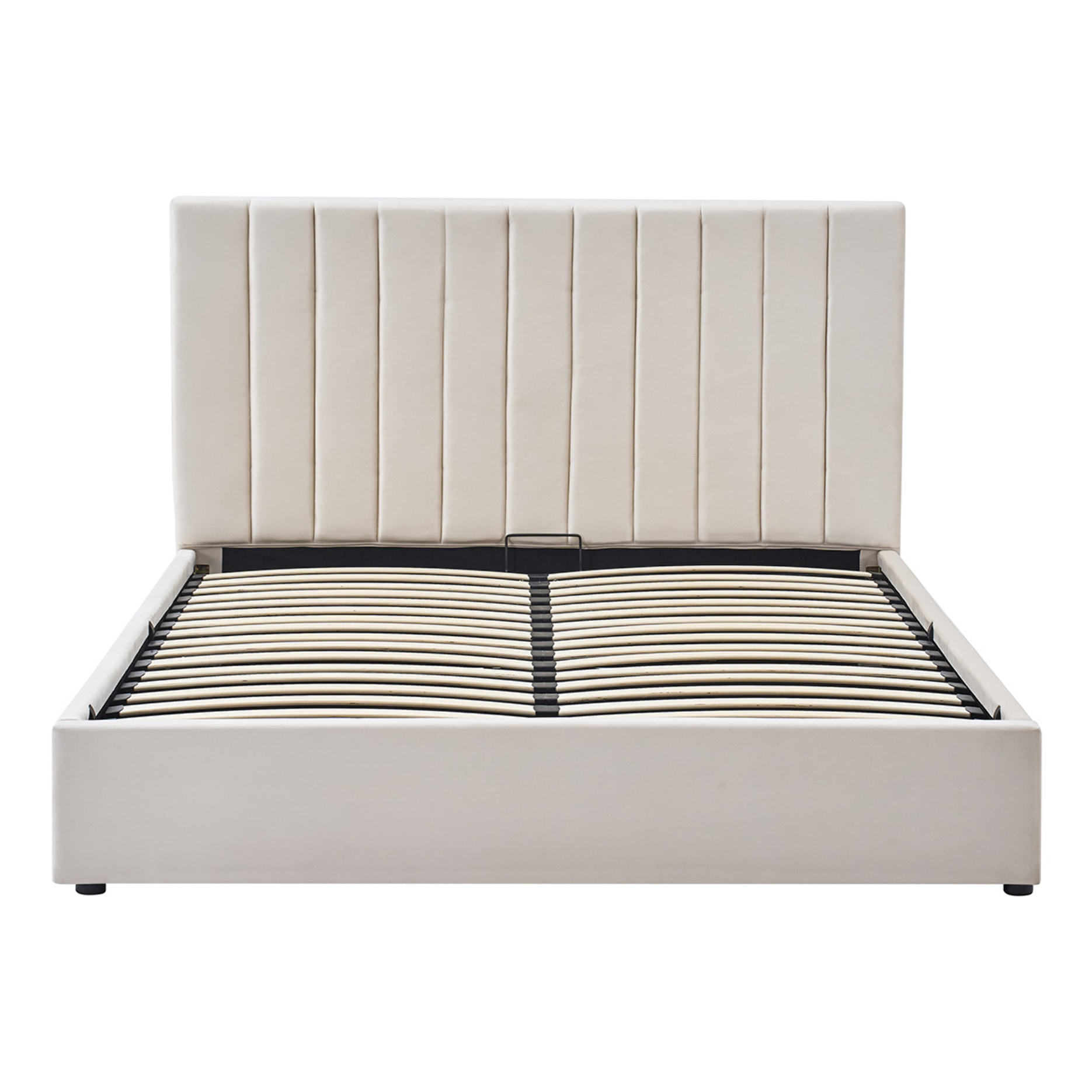 Lit Coffre Giulia Velours Beige, Grand Volume de Rangement, Sommier à Lattes Inclus