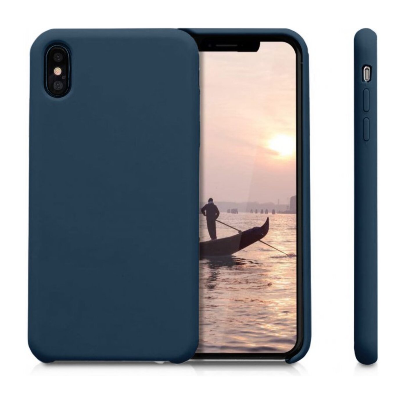 Coque iPhone X/XS Silicone liquide Bleu Marine + 2 Vitres en Verre trempé Protection écran Antichocs