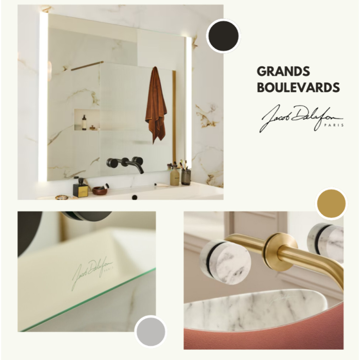 Miroir 3 trous 60 cm + mélangeur lavabo encastré 3 trous Grands Boulevards marbré travertin sable et noir