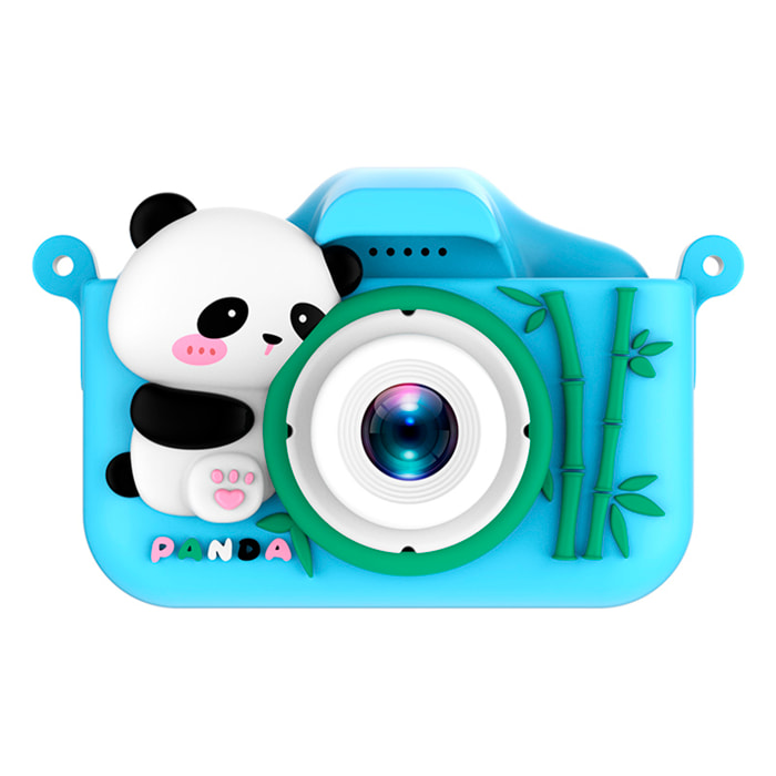 Cámara infantil de fotos y video. 44mpx y video FHD, zoom digital 8x. Cámara trasera para selfies, juegos incorporados. Funda de silicona diseño panda.