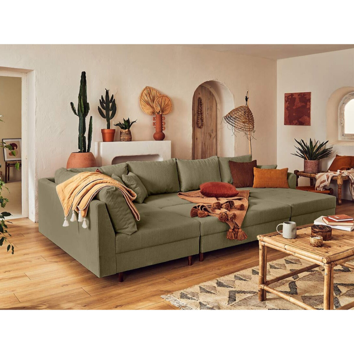 Rune - canapé panoramique d'angle gauche - 7 places - avec pouf d'appoint - en velours côtelé - Vert