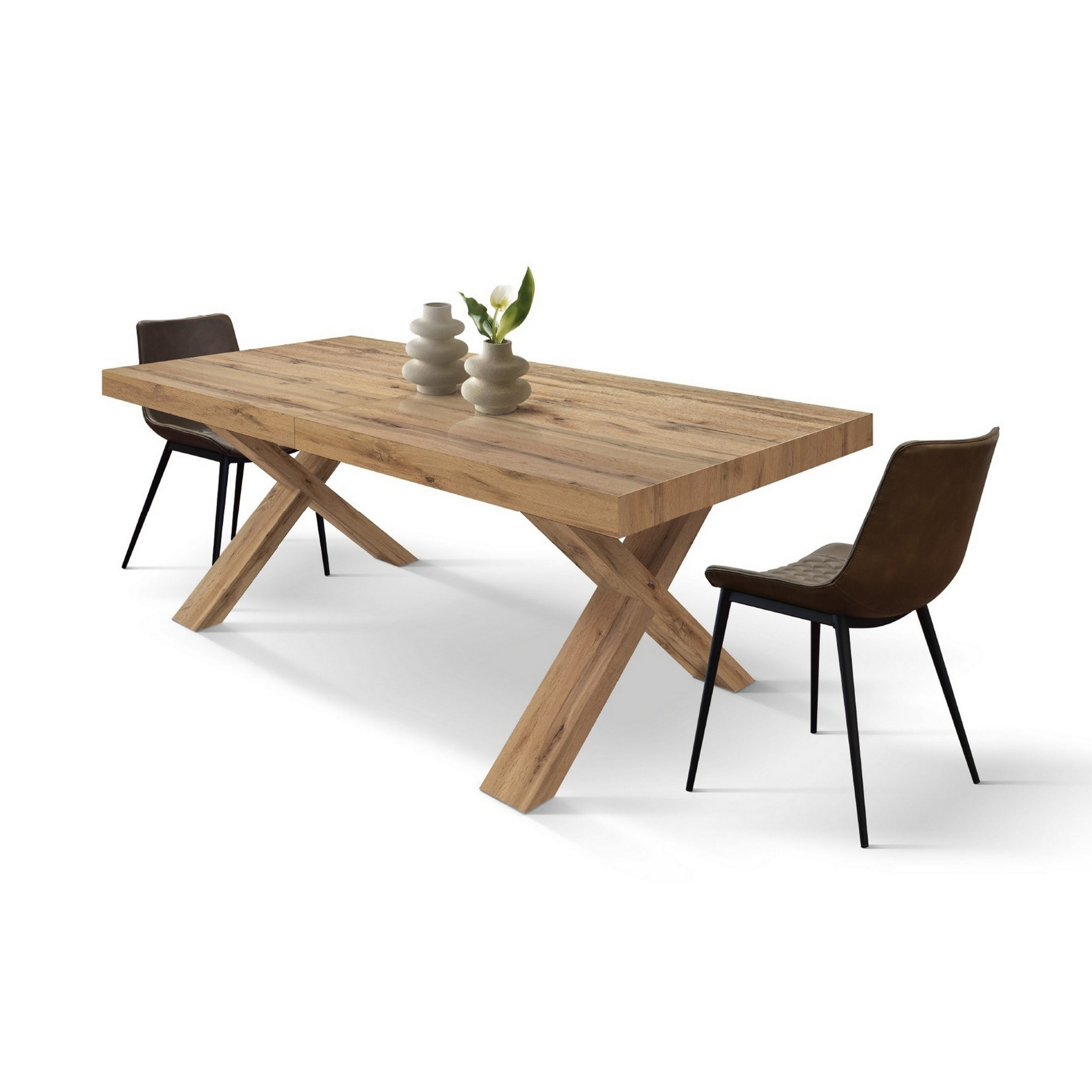 Tavolo allungabile AMALFI in legno effetto rovere rustico e gambe a X bianche, allungabile 180x90 cm - 260x90 cm