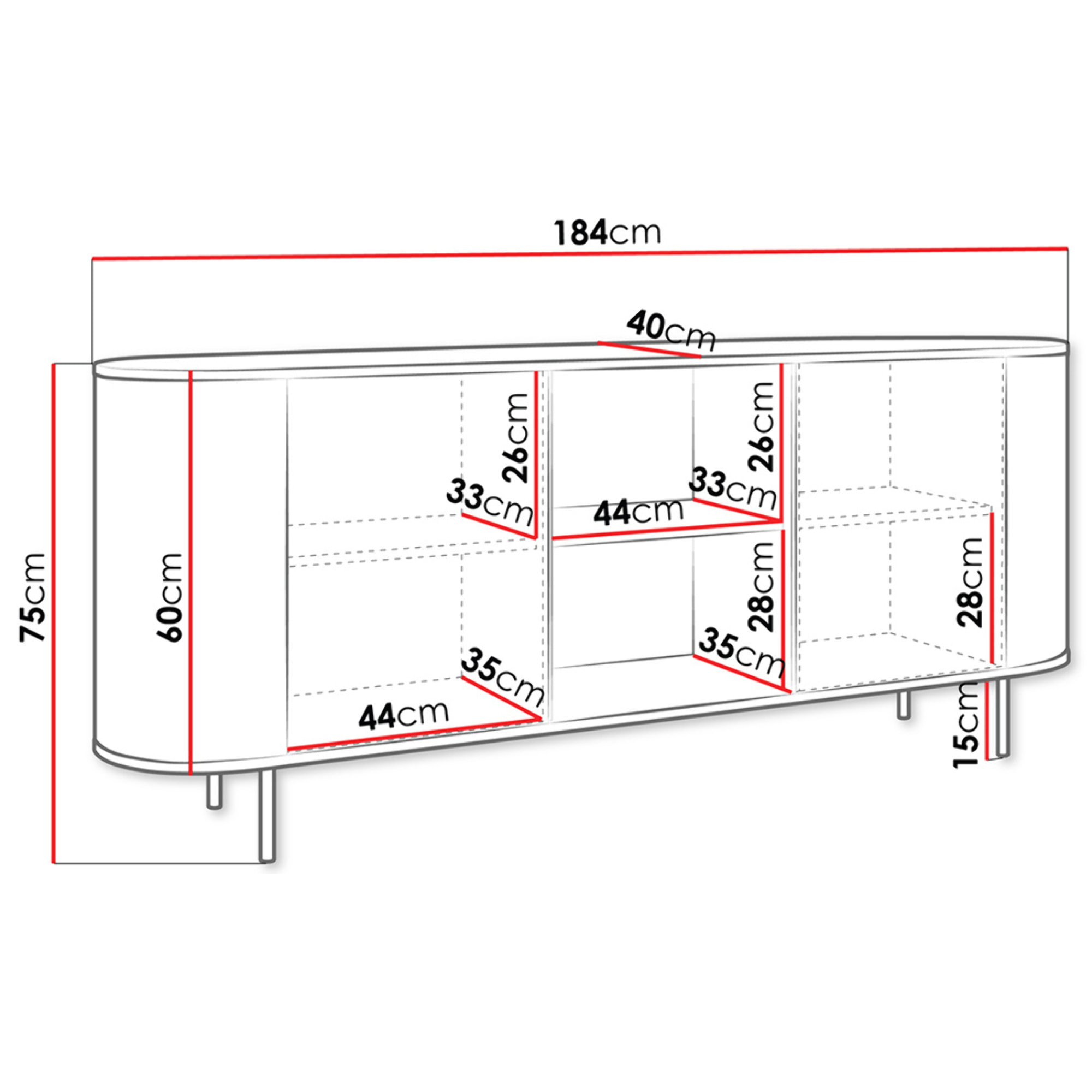 Sansa - buffet bas 184 cm - 2 portes, 2 niches et 2 étagères - plateau effet marbre - Bois / Noir