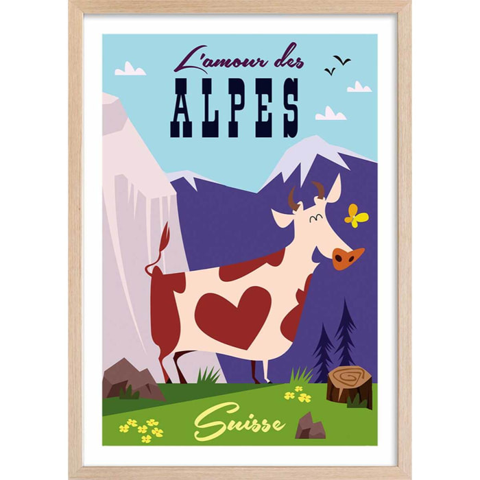 Poster de l'amour des alpes suisse Affiche + cadre en bois - Chêne