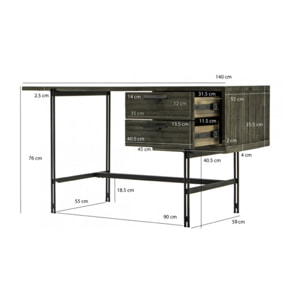 Bureau en bois massif cendré et métal noir 140 cm - BELLAGIO