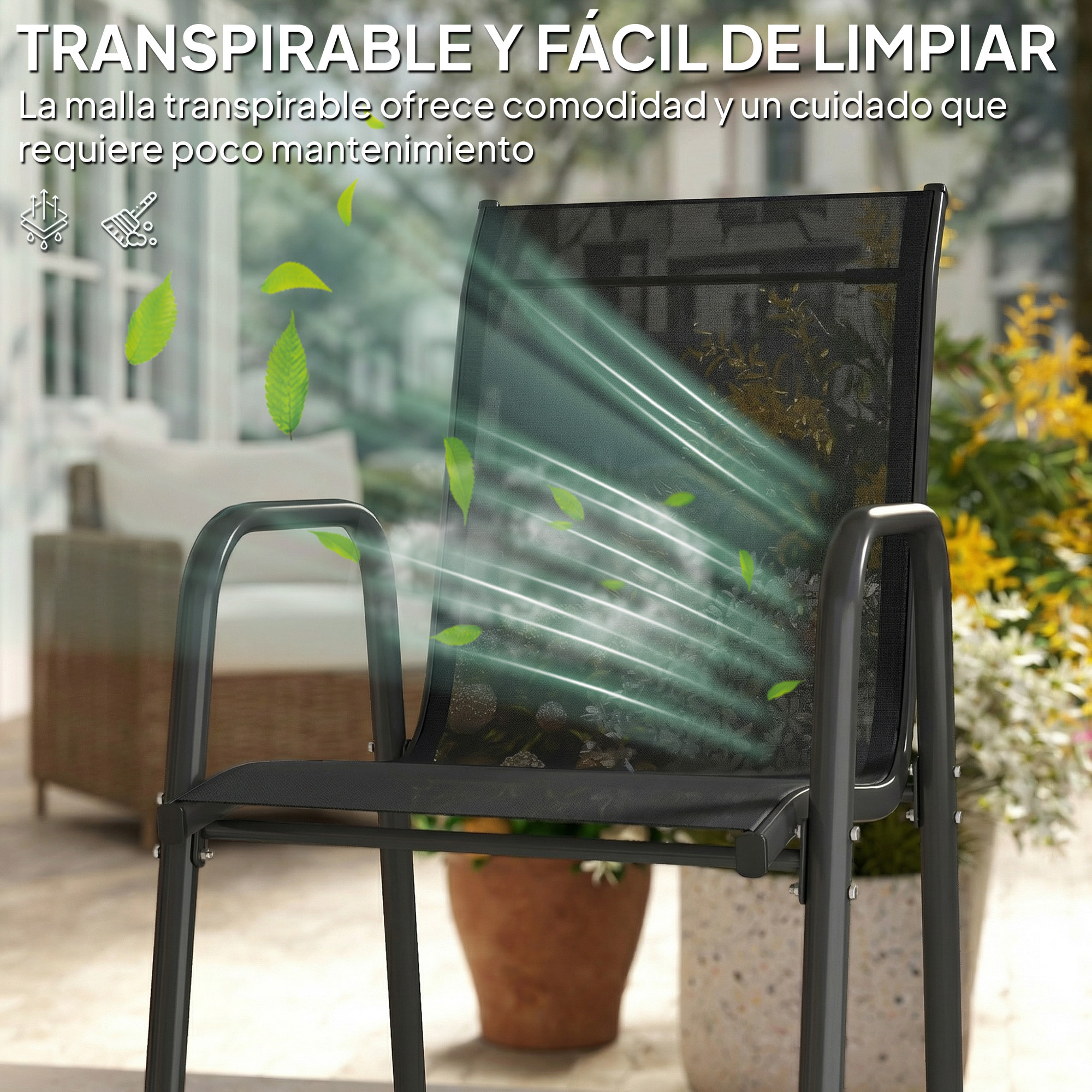 Juego de 6 Sillas de Jardín Exterior Apilables, Sillas Terraza Exterior con Reposabrazos, Asiento y Respaldo de Malla Transpirable, Estructura Metálica Resistente, 51x69x87 cm, Negro