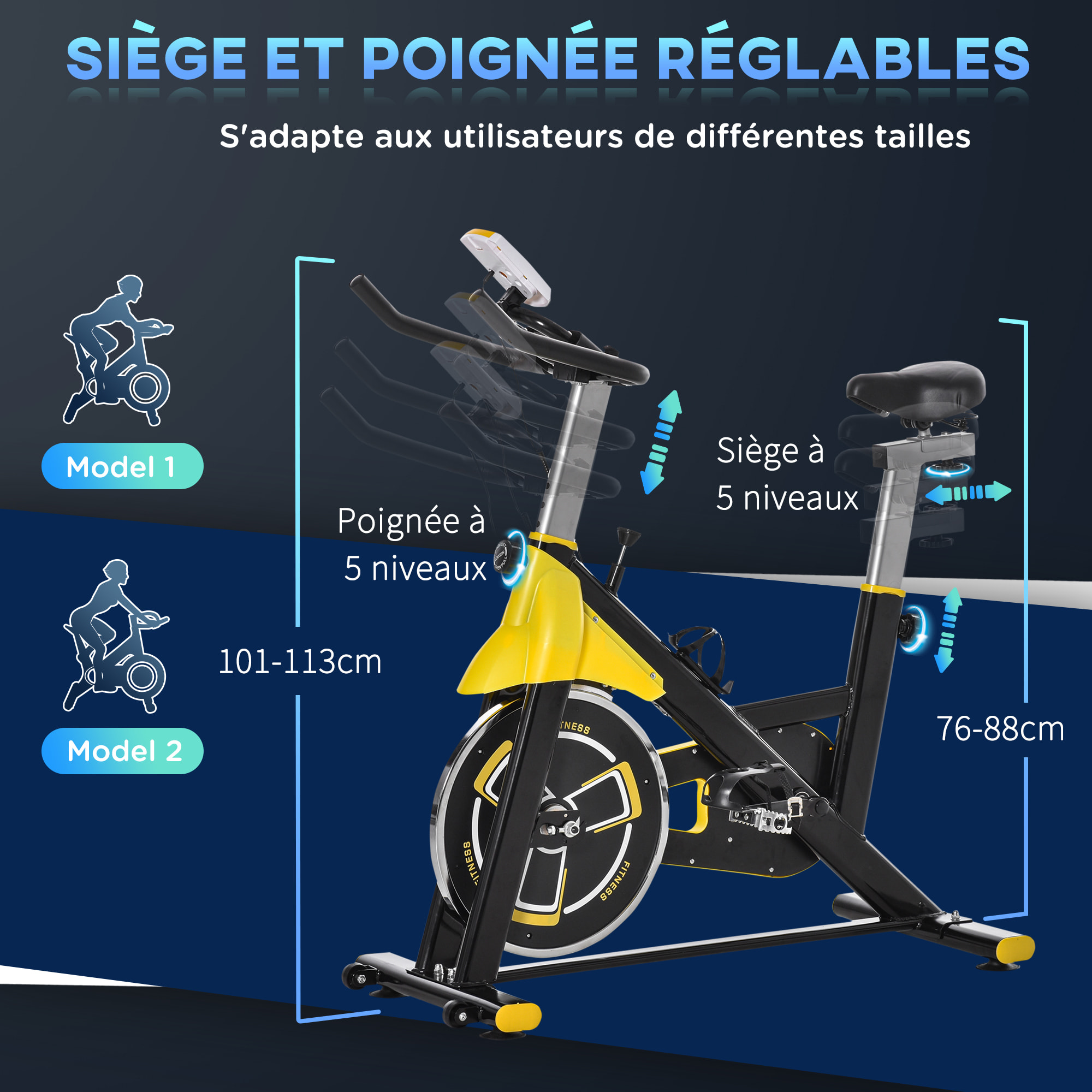 Vélo d'appartement vélo biking cardio écran LCD multifonctions selle guidon réglables acier noir jaune