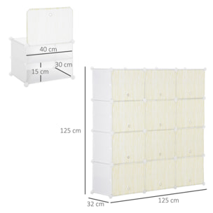 Armario Modular de Plástico Cajas de Zapatos con 12 Cubos Zapatero Organizador para Entrada Pasillo Dormitorio 125x32x125 cm Blanco y Natural