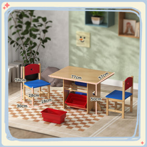 Ensemble table et chaises enfant - 4 bacs de rangement inclus - MDF bois pin clair rouge bleu