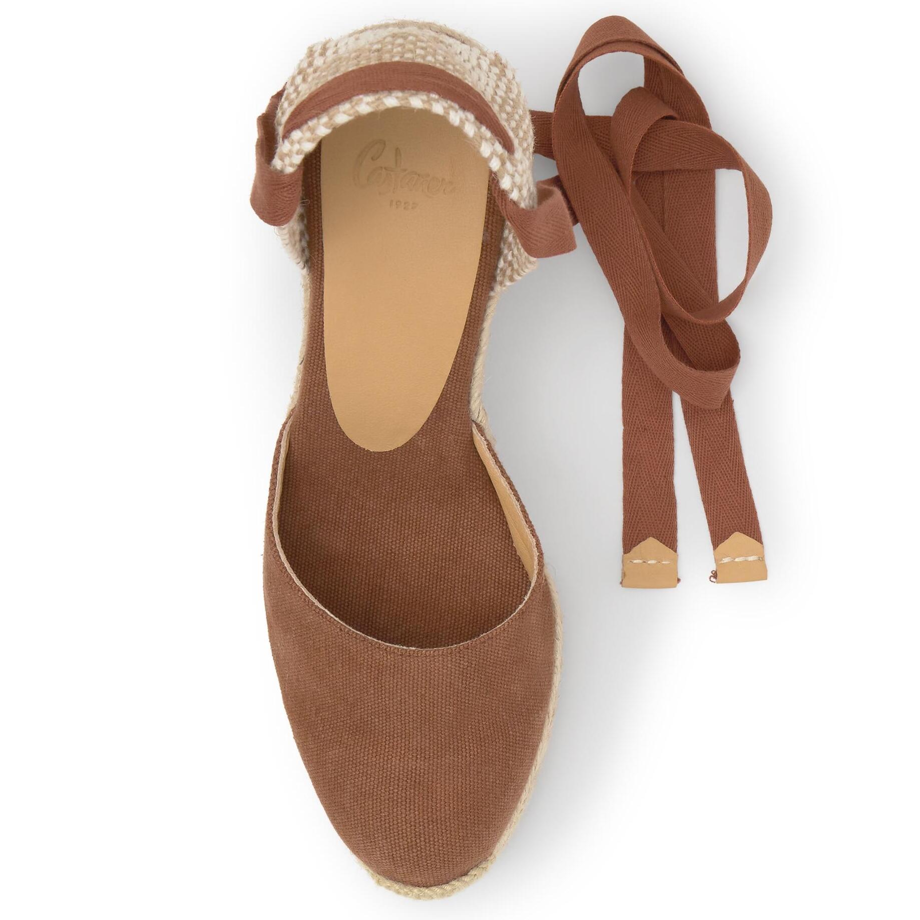 Alpargata de cuña 6 cm en lona de algodón con cintas al tobillo y talonera trenzada