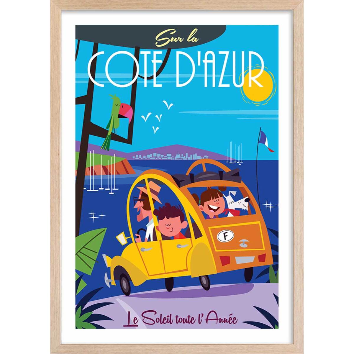 Poster retro le soleil de la cote d'azur Affiche + cadre en bois - Chêne