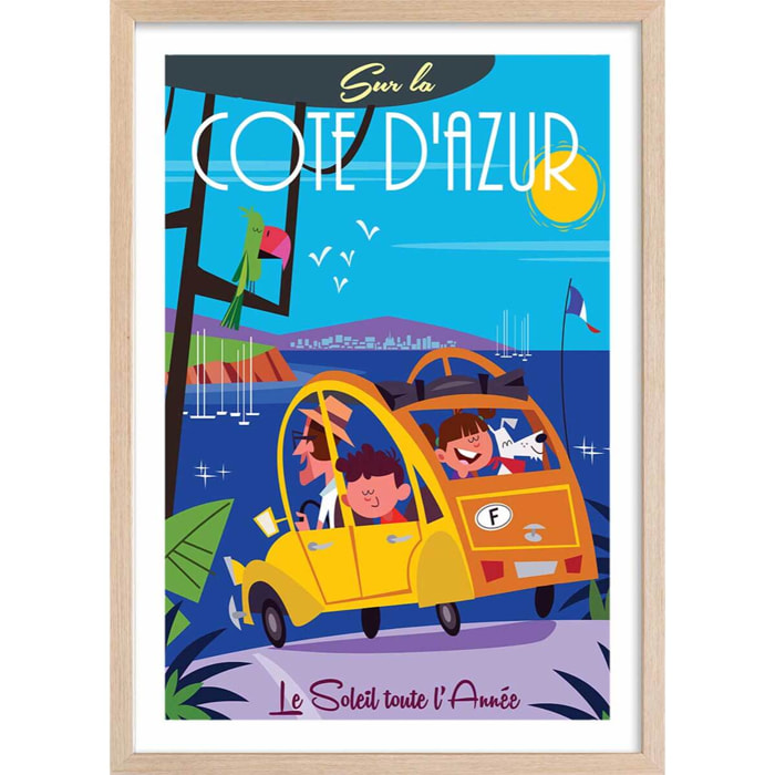 Poster retro le soleil de la cote d'azur Affiche + cadre en bois - Chêne