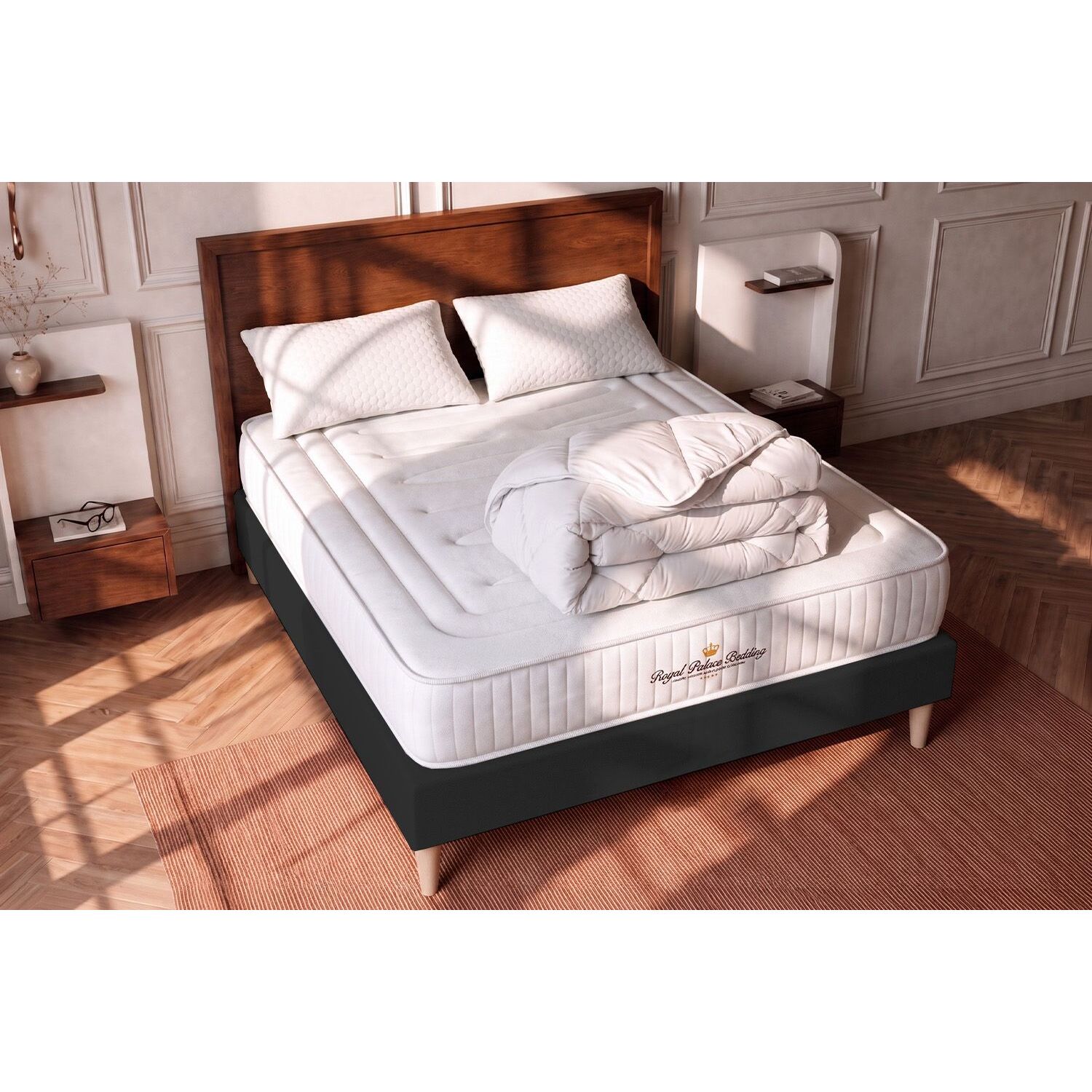 Matelas Ressorts ensachés et mémoire de forme 22cm d'épaisseur - 3 zones de confort - Confort ferme - Sommier tapissier en kit - Avec couette et oreillers - 2 places
