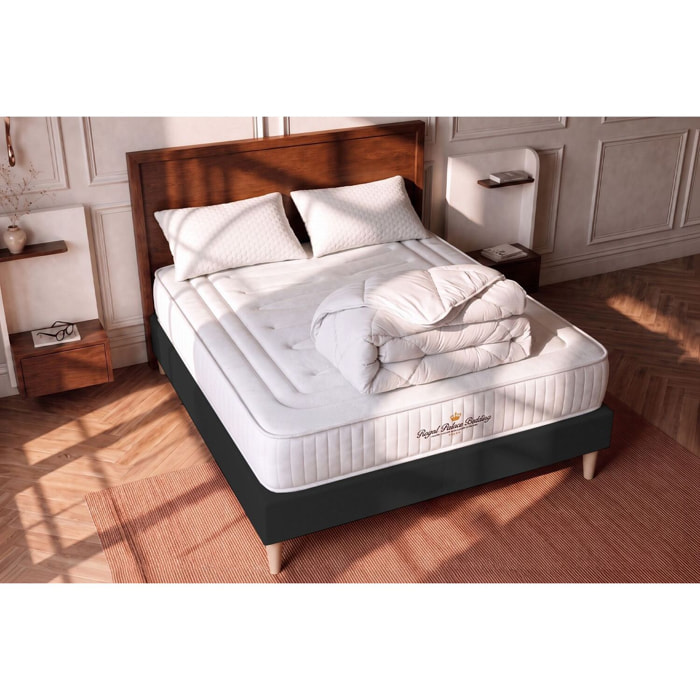 Matelas Ressorts ensachés et mémoire de forme 22cm d'épaisseur - 3 zones de confort - Confort ferme - Sommier tapissier en kit - Avec couette et oreillers - 2 places