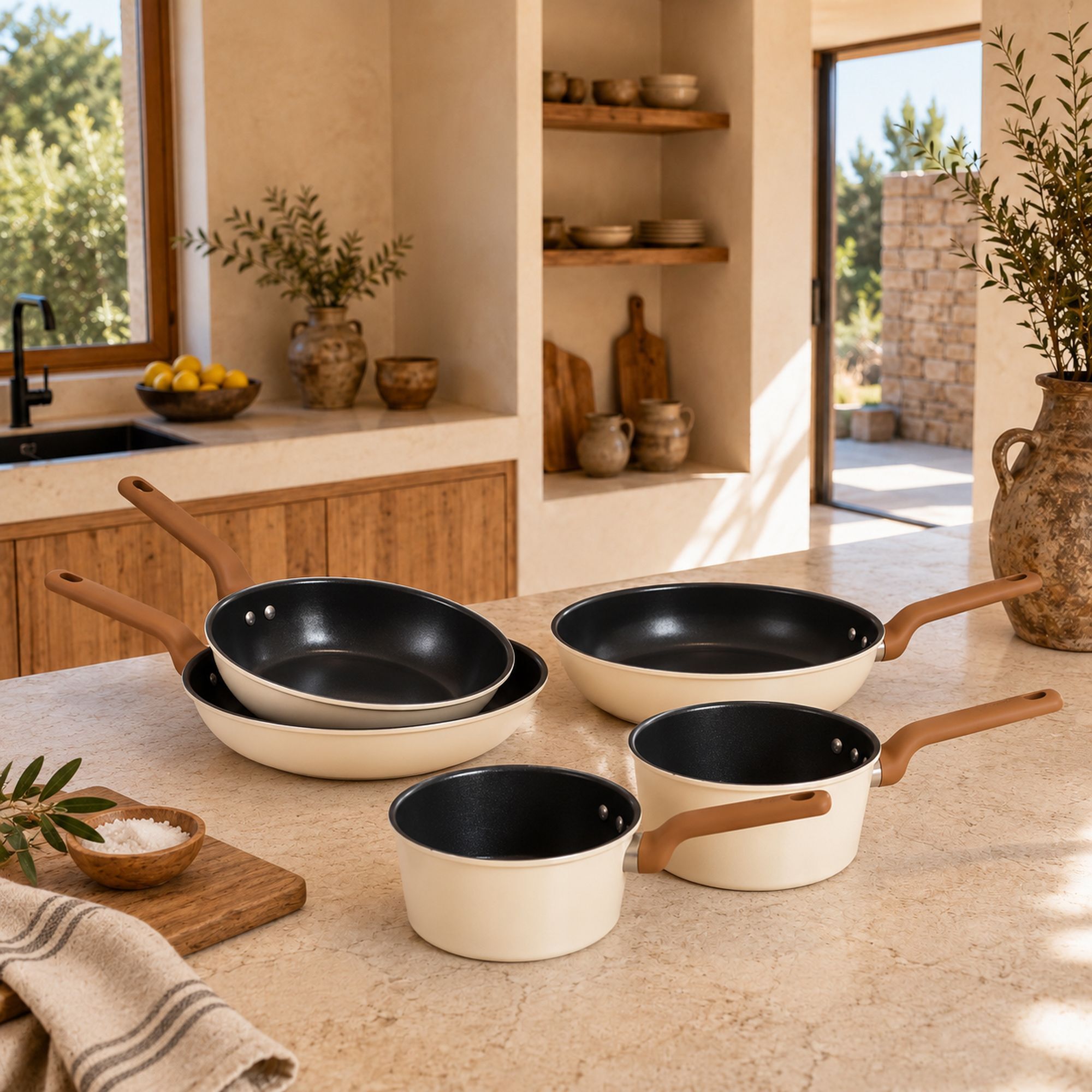 Batterie de cuisine 5 pièces en acier carbone beige  PRATICOOK