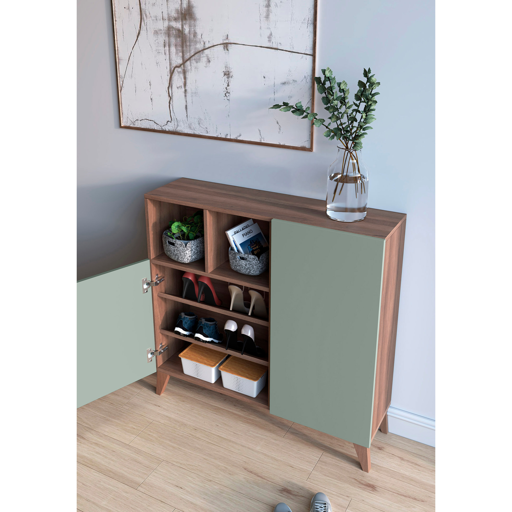 Zapatero Oslo melamina nogal puertas verde 87x90x27 cm