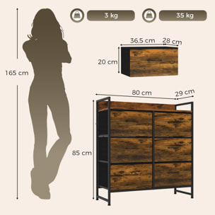 Cómoda con 6 Cajones de Tela Plegables, Cómoda para Dormitorio Industrial con Estante Abierto, Marco de Acero, Cajonera para Espacios Pequeños, Sala de Estar, Vestidor, Baño, Marrón Rústico