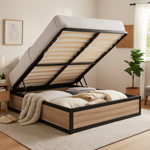 Ensemble lit coffre & matelas | Mémoire de forme, gel frais et mousse HD| Espace de Stockage jusqu'à 900 L | Robuste et Large Angle d’Ouverture | Bois et métal | Bois clair