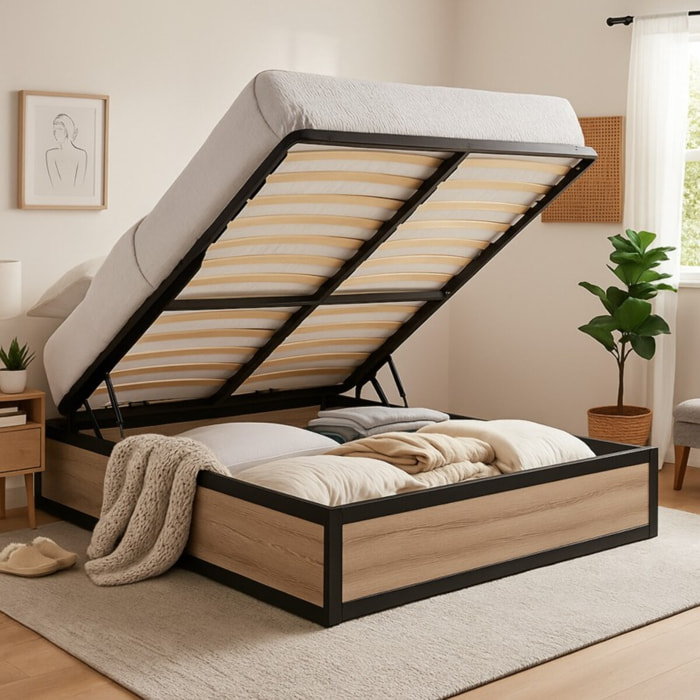 Ensemble lit coffre & matelas | Mémoire de forme, gel frais et mousse HD| Espace de Stockage jusqu'à 900 L | Robuste et Large Angle d’Ouverture | Bois et métal | Bois clair
