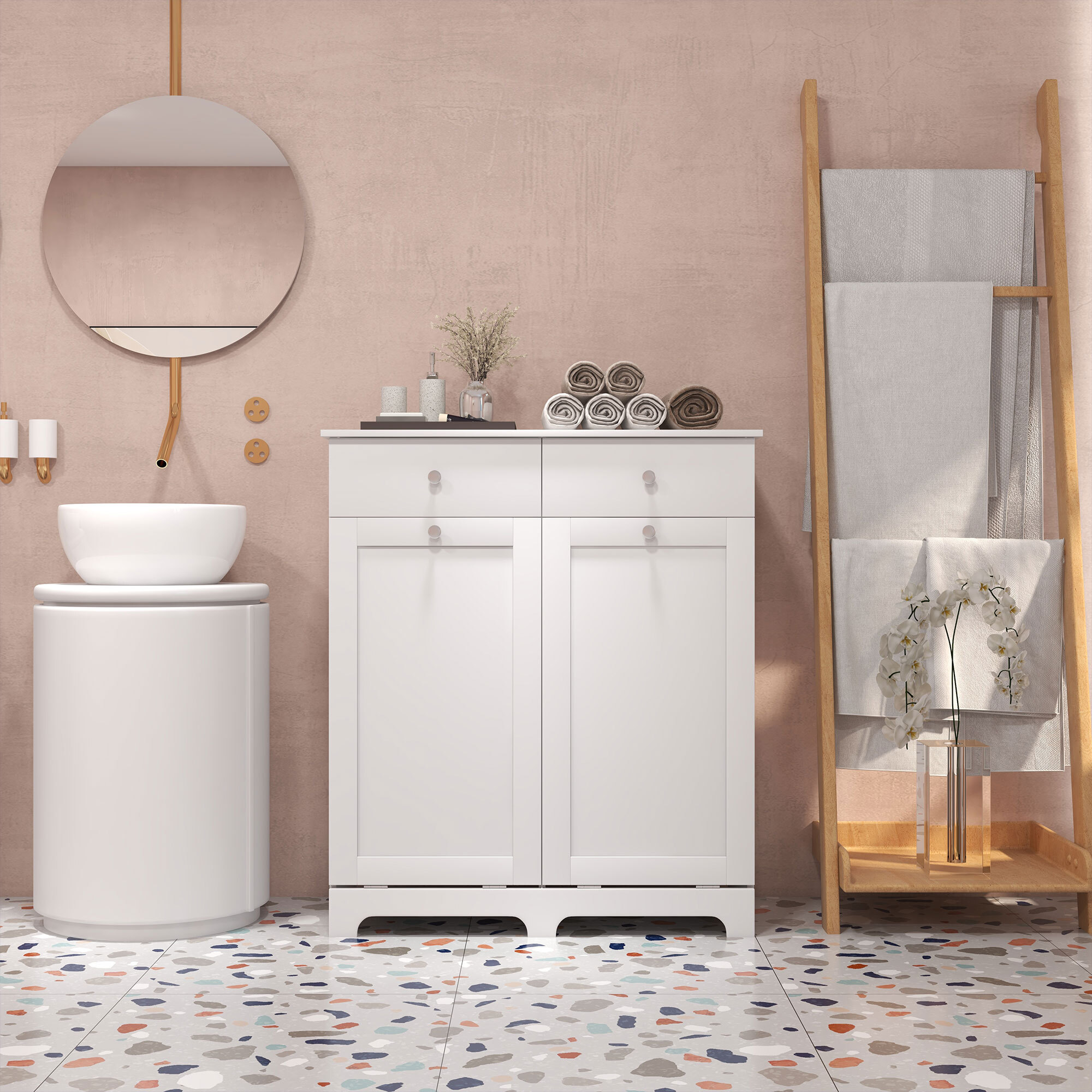 Armoire de salle de bain, meuble de rangement, avec paniers à linge pliables 2 tiroirs, en bois, 78L x 40l x 90,5H cm, blanc