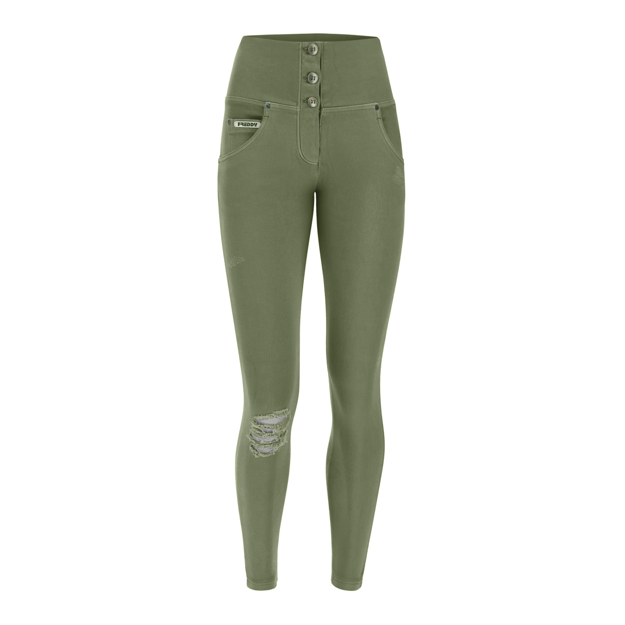 Pantaloni push up WR.UP® 7/8 vita alta con bottoni in tessuto navetta con strappi