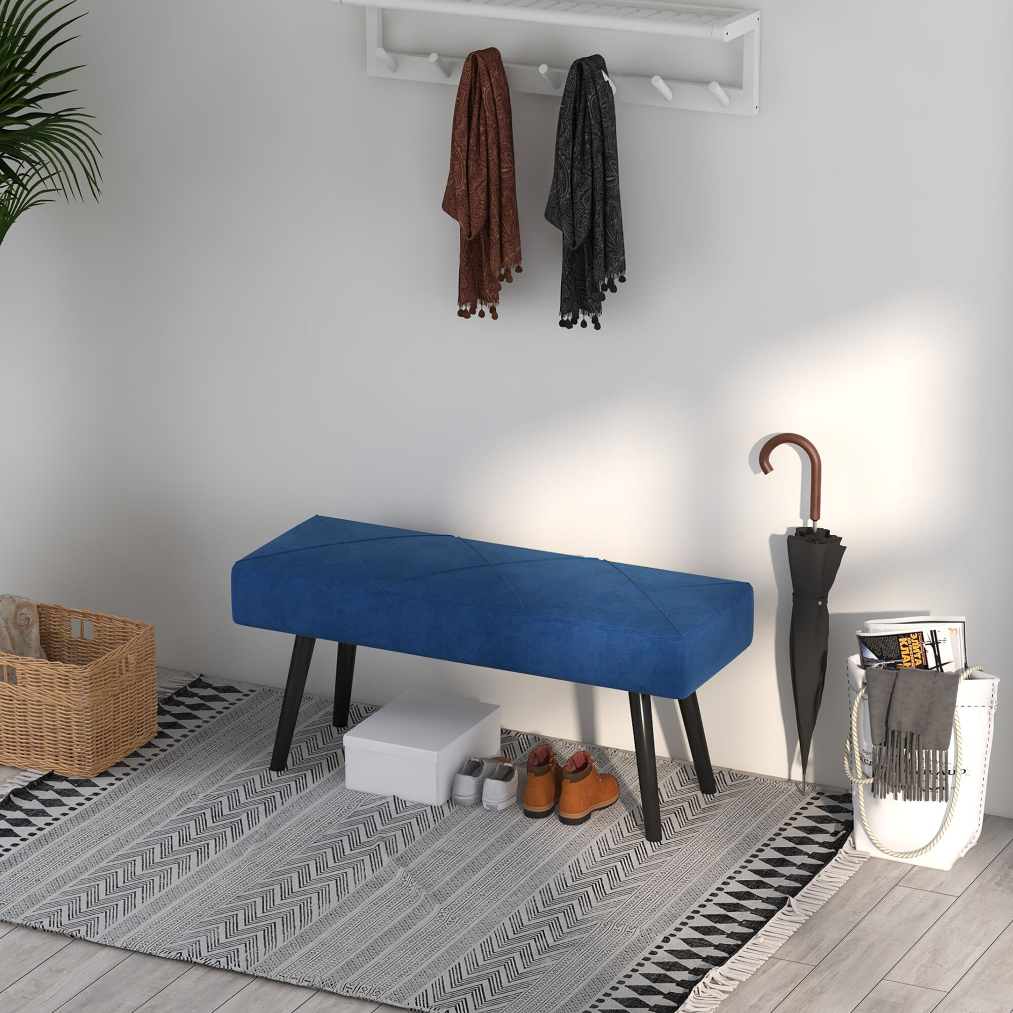 Taburete Pie de Cama Multifuncional Banco Pie de Cama Moderno Banco Dormitorio con Pies de Acero y Asiento Acolchado Carga 120 kg para Entrada Pasillo 100x36x45 cm Azul Oscuro