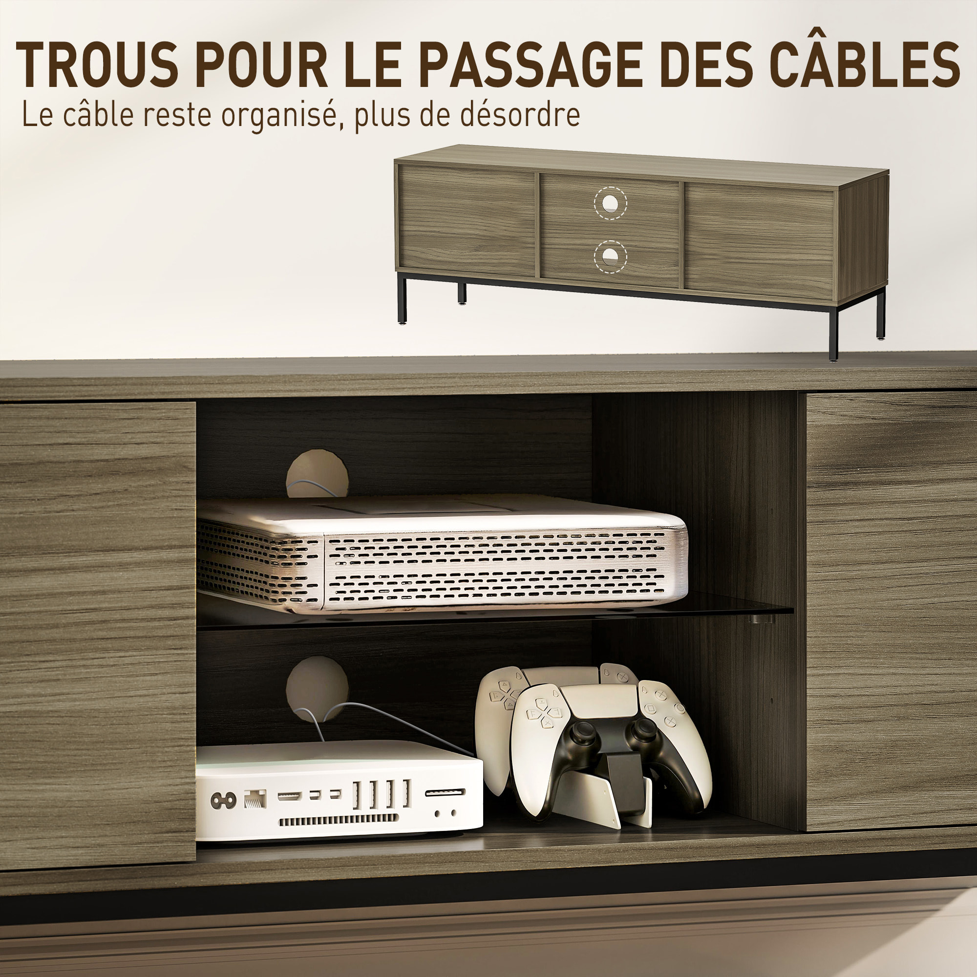 Meuble TV banc TV 2 portes étagère verre 140x40x49cm piètement acier noir effet bois gris