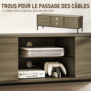 Meuble TV banc TV 2 portes étagère verre 140x40x49cm piètement acier noir effet bois gris