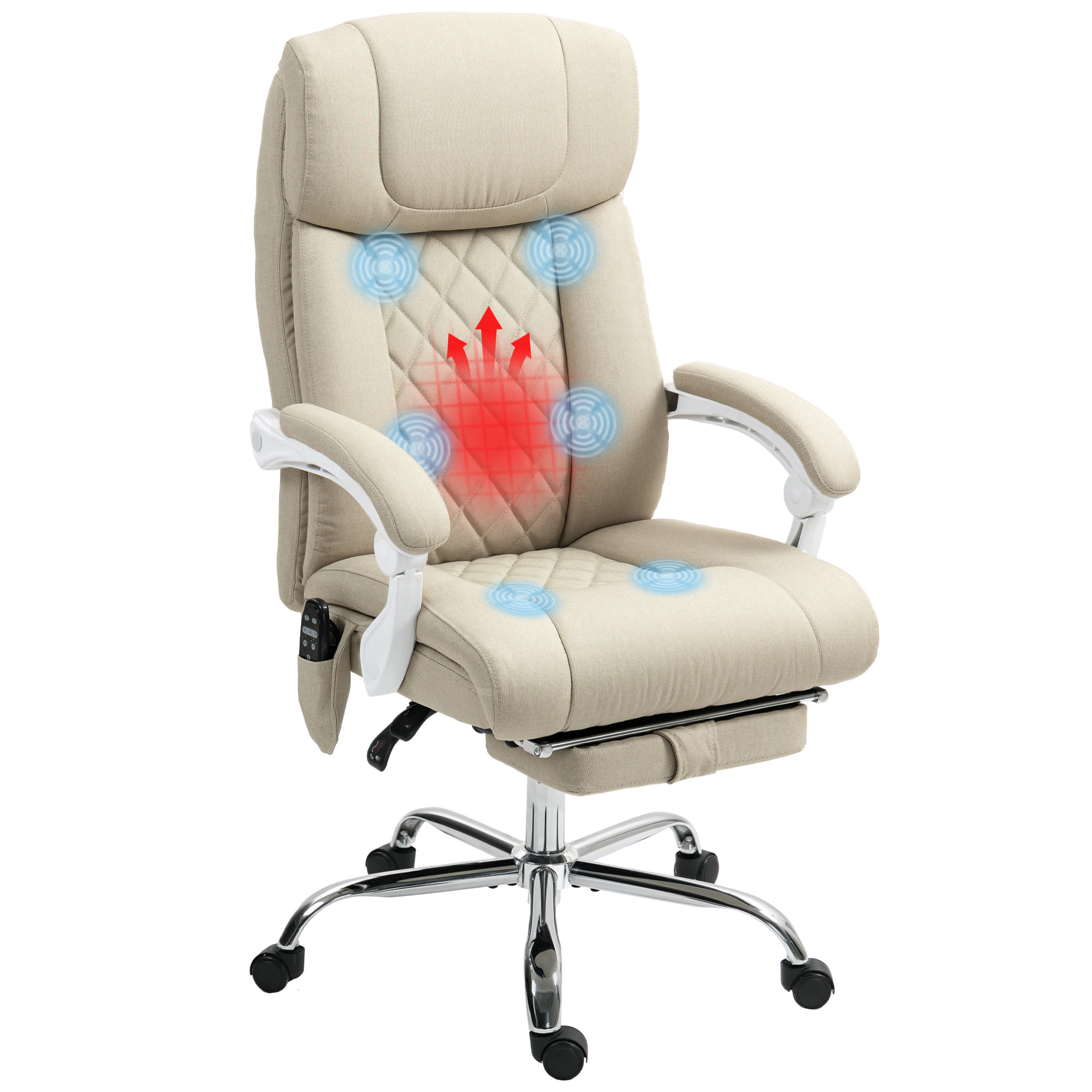 Silla de Oficina con Masaje de 6 Puntos Reclinable Silla de Escritorio Giratoria con Función de Calefacción Altura Ajustable Reposapiés Respaldo Alto y Mando a Distancia para Estudio Beige