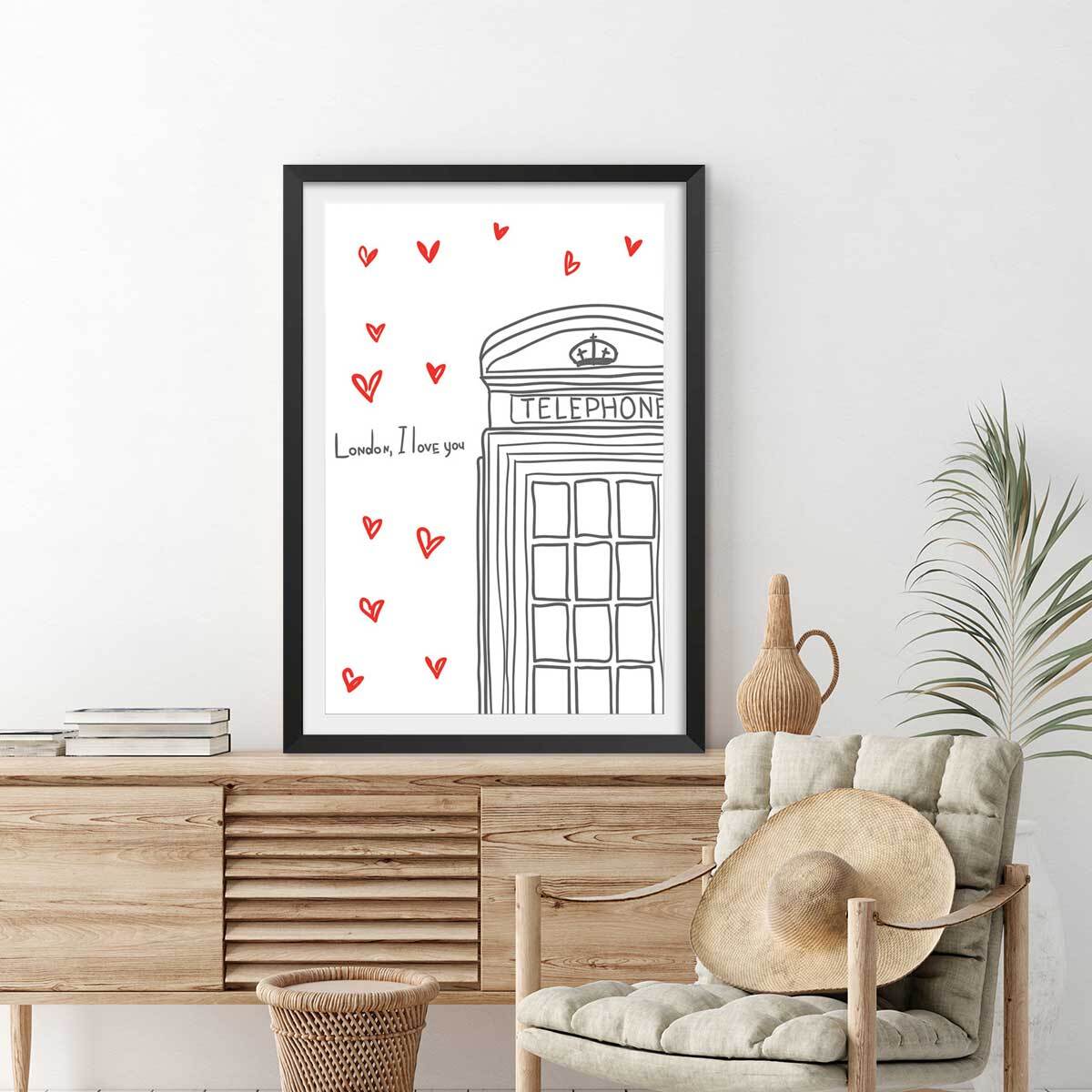 Affiche london i love you telephone boxes Affiche sous cadre noir