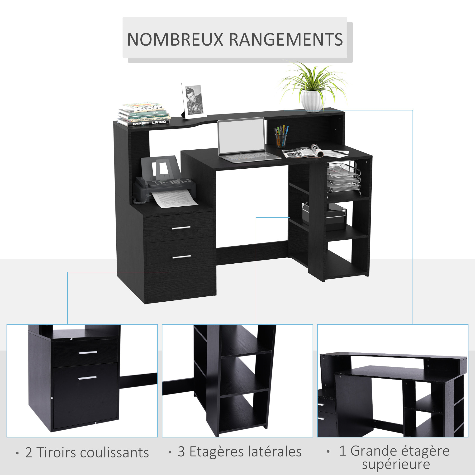 Bureau Informatique multimédia Design Multi-rangements 137 L x 55 l x 92 H cm noir