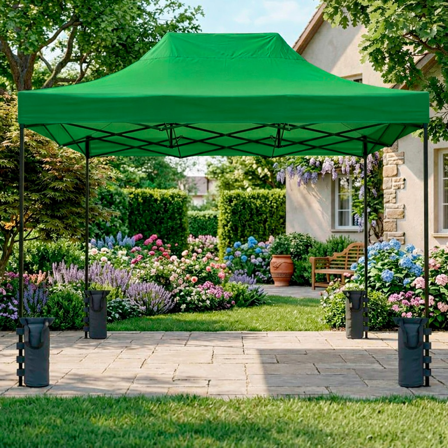 Gazebo Professionale 3x4.5 M Richiudibile Automatico In Acciaio E Telo Oxford 1200D PVC Impermeabile Anti UV Struttura a Fisarmonica con Sacche Verde