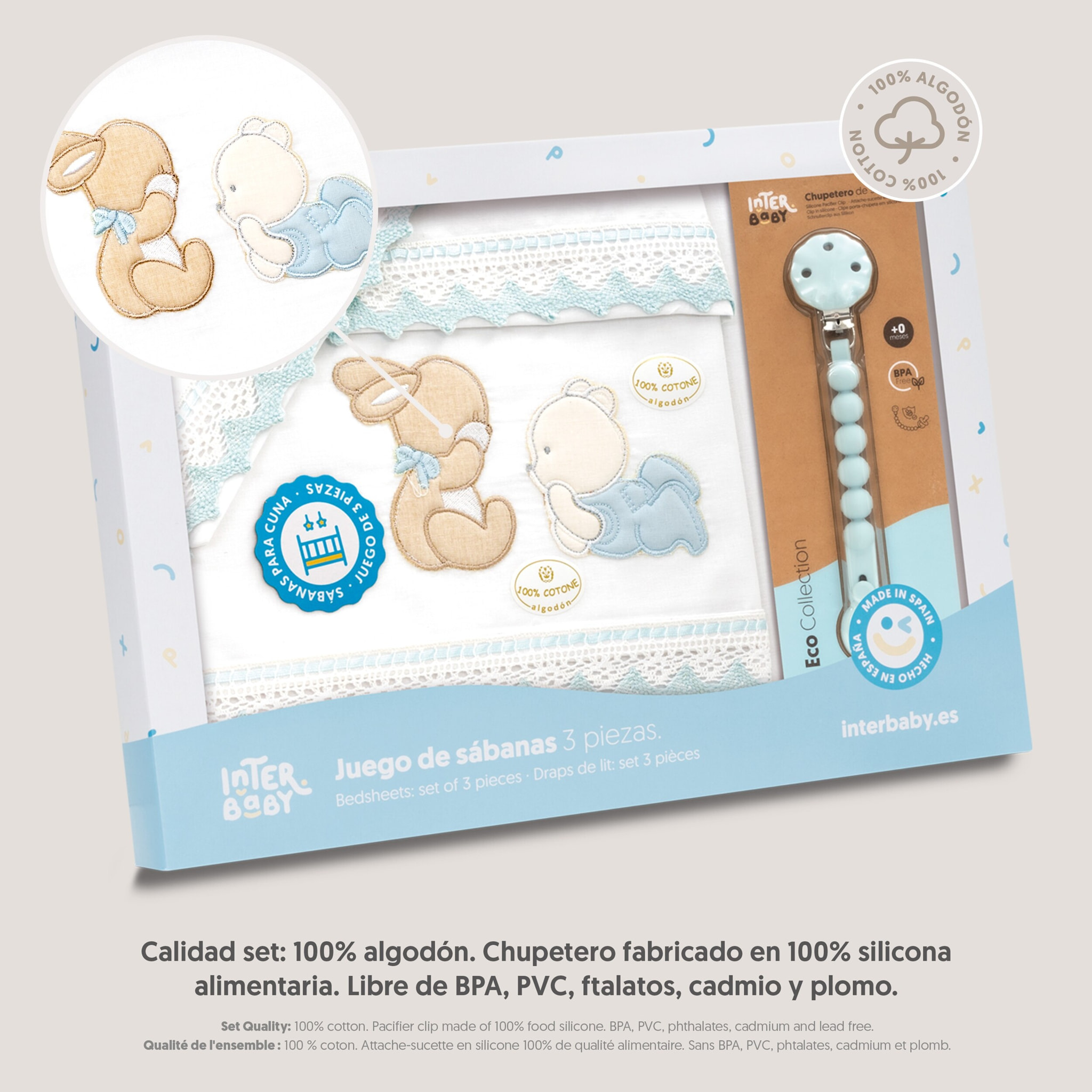 Triptico Cuna Guipur Oso Tumbado Conejito + Broche Bco/Azul