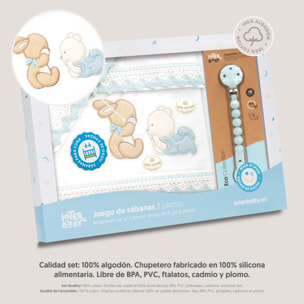 Triptico Cuna Guipur Oso Tumbado Conejito + Broche Bco/Azul