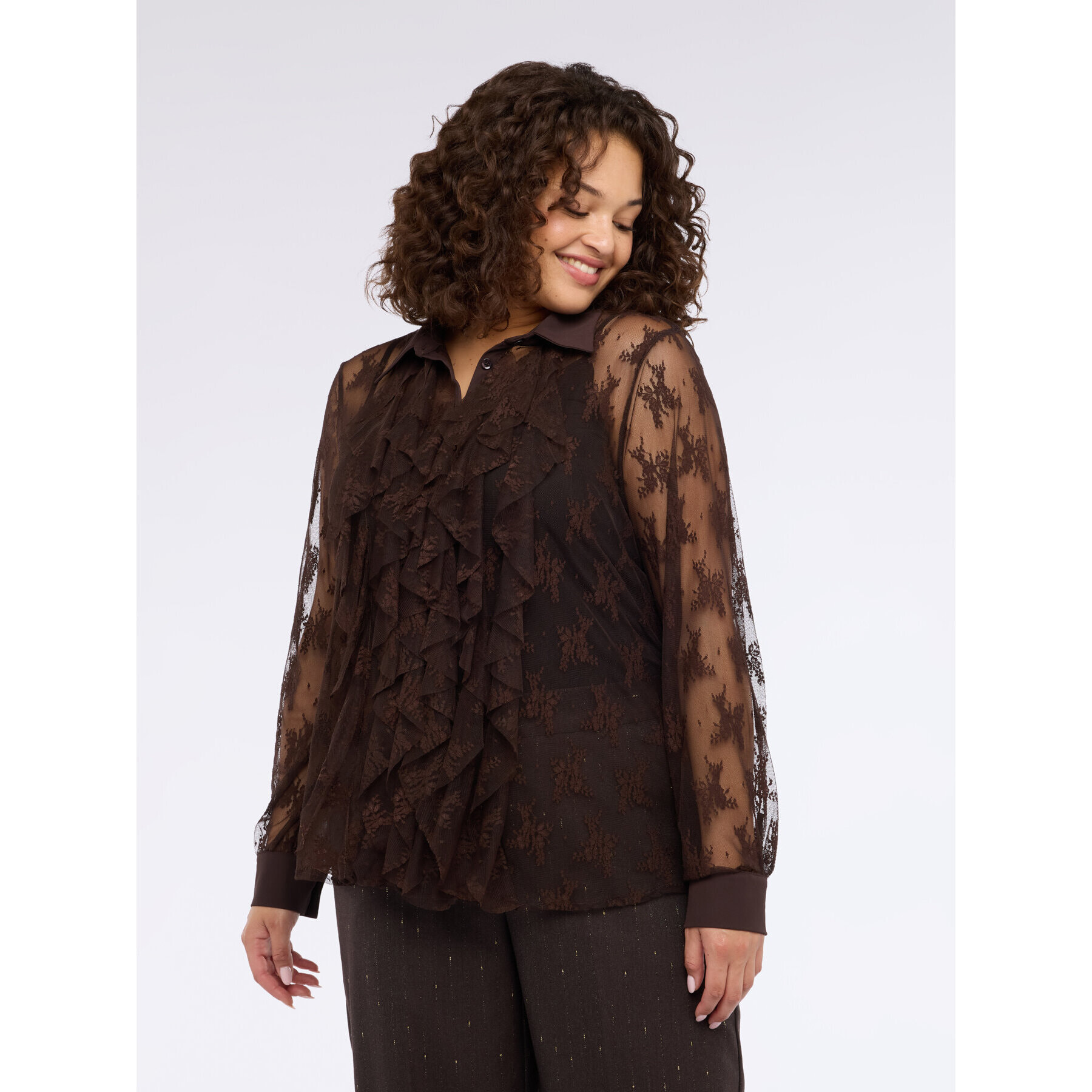 Fiorella Rubino - Camicia in pizzo con rouche sul davanti - Marrone