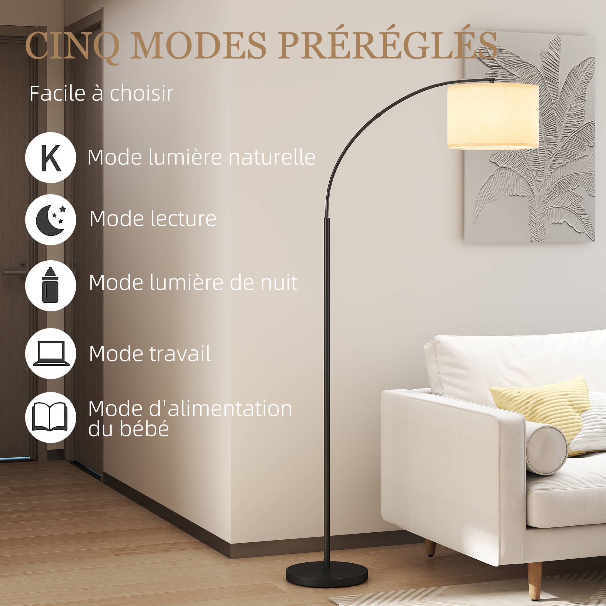 Lampadaire LED dimmable H.180 cm avec télécommande abat-jour réglable 11 température couleurs et niveaux de luminosité noir